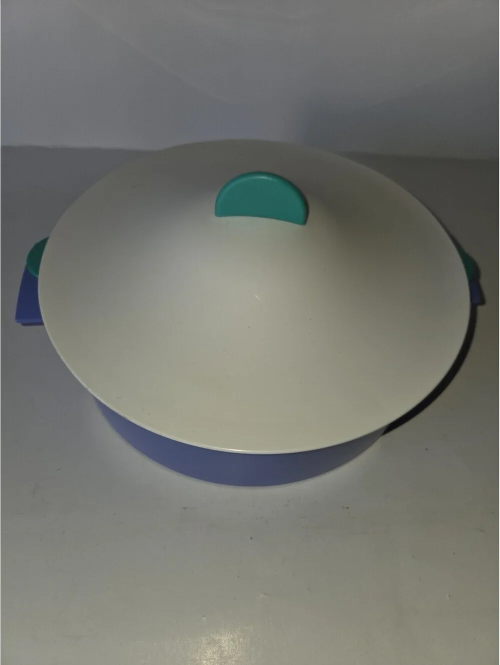 Vintage Tupperware 3-piece microwave steamer in blue, white, and green SG3